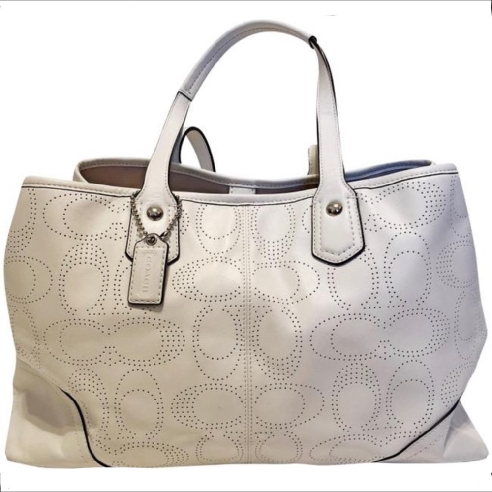 Coach Carryall 19681 Perforated White Full-grain Cowhide Leather Shoulder Bag